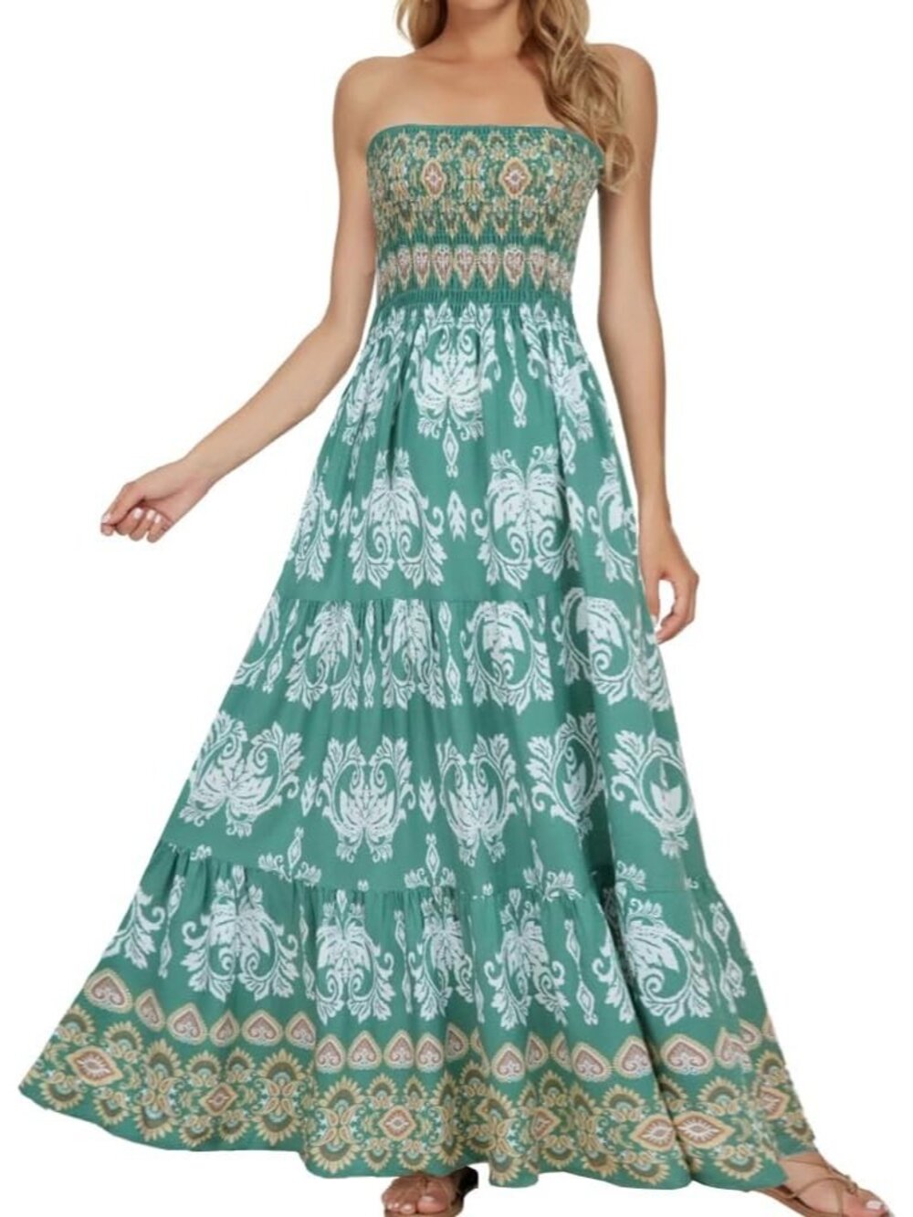Women's Green White Flower Tube Top Off Shoulder Boho Beach Long Maxi Dress